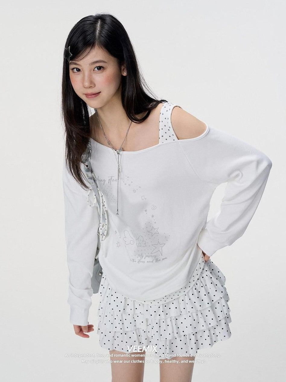 VEEMIX Off Shoulder Faux Layered Slanted Neck Polka Dot Women's Cotton Sweatshirts