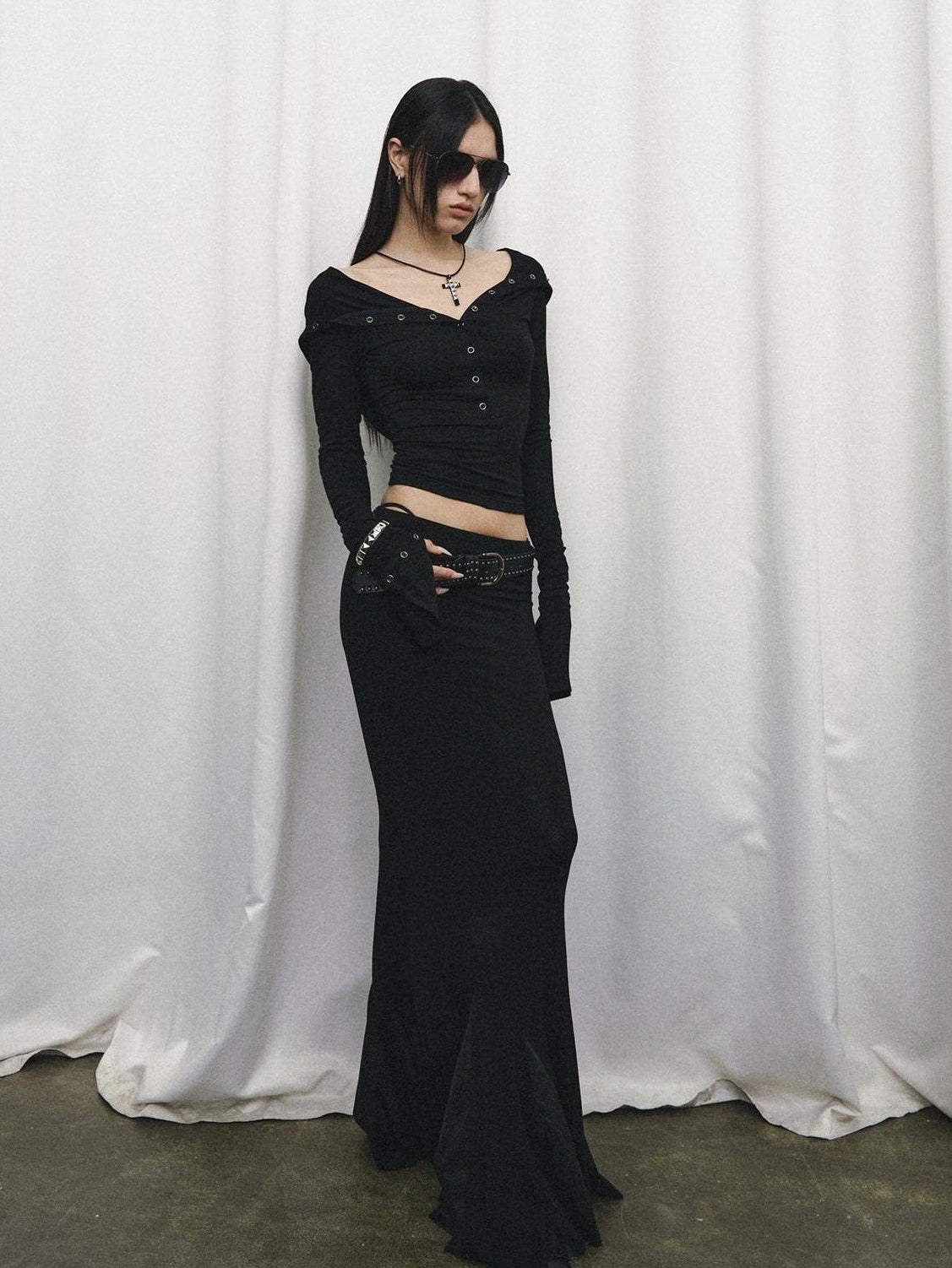 Fanptntox Black Slim V-neck Knit Spliced Mermaid Skirt Women's Viscose Matching Skirt Sets