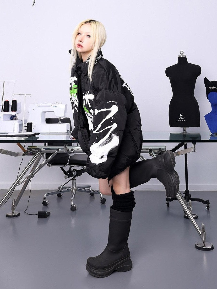 PINKSPINK Hand Painted Graffiti Double Zip Stand Collar Women's Cotton Puffer Jackets