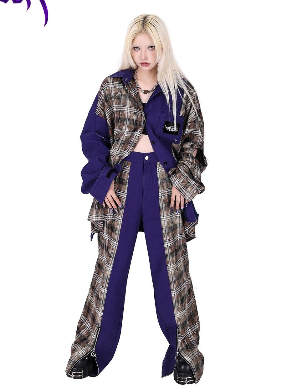 PINKSPINK Dream Purple Patchwork Zipper Plaid Asymmetric Pocket Women's Wide-leg Pants