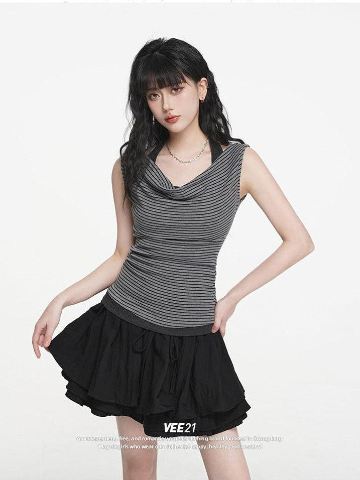 VEEMIX Light Grey Striped Halter Drape Ruching Faux Two Piece Women's Viscose Tank Tops