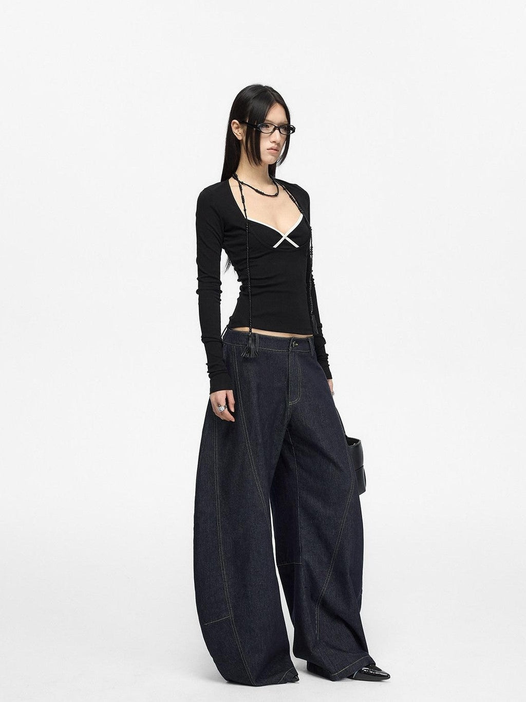 Fanptntox Retro Distressed Contrast Stitch Curved Women's Cotton Denim Wide-leg Jeans