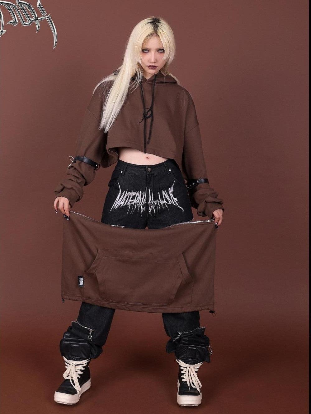 PINKSPINK Brown Embroidered Hooded Zip Convertible Women's Cotton Matching Skirt Sets