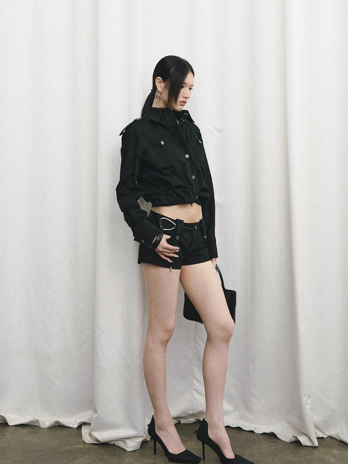 Fanptntox Black Oversized Cargo Shirt Jacket Women's Cotton Casual Top & Shorts Sets
