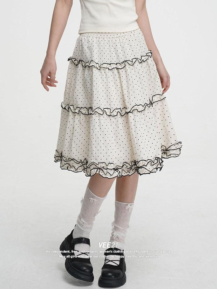VEEMIX Black Polka Dot A Line Pleated Ruffle Women's Cotton Blend Midi Skirts