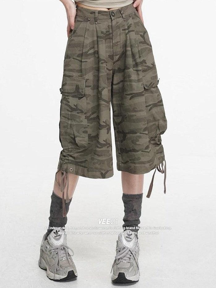 VEEMIX Cement Gray Camouflage Cargo Drawstring Pockets Women's Cropped Jeans