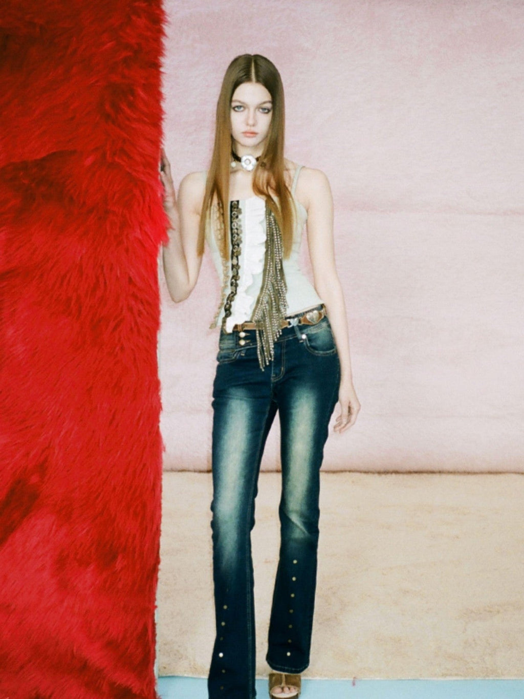 NextPassport MOF Vintage Lace Ruffle Asymmetric Tassel Strap Women's Suede Denim Camisoles