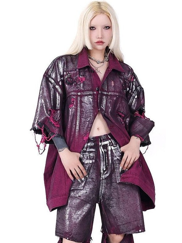 PINKSPINK Wasteland Pink Silver Coated Split Hem Frayed Women's Denim Ripped Jeans