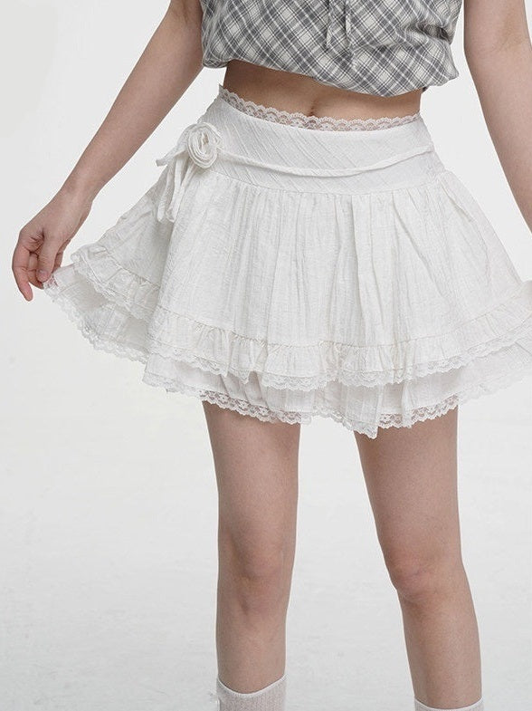 VEEMIX_Ivory_Lace_Trim_A_Line_Bow_Floral_Pleated_Women's_Cotton_Blend_Mini_Skirts_1020394231120_MISSTT