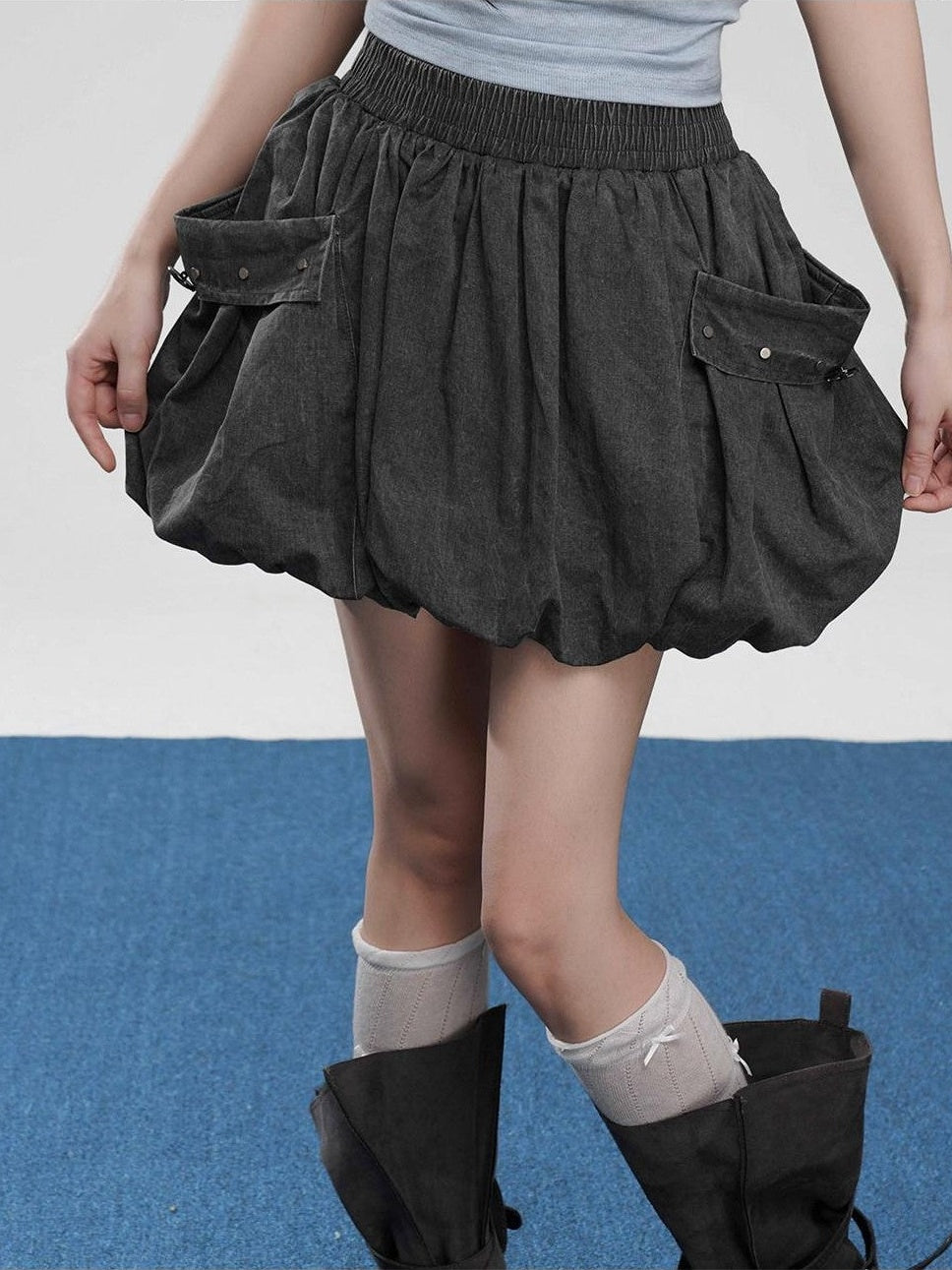 VEEMIX Gray Big Pocket Lantern Puff Pleated High Waist Women's Rayon Mini Skirts