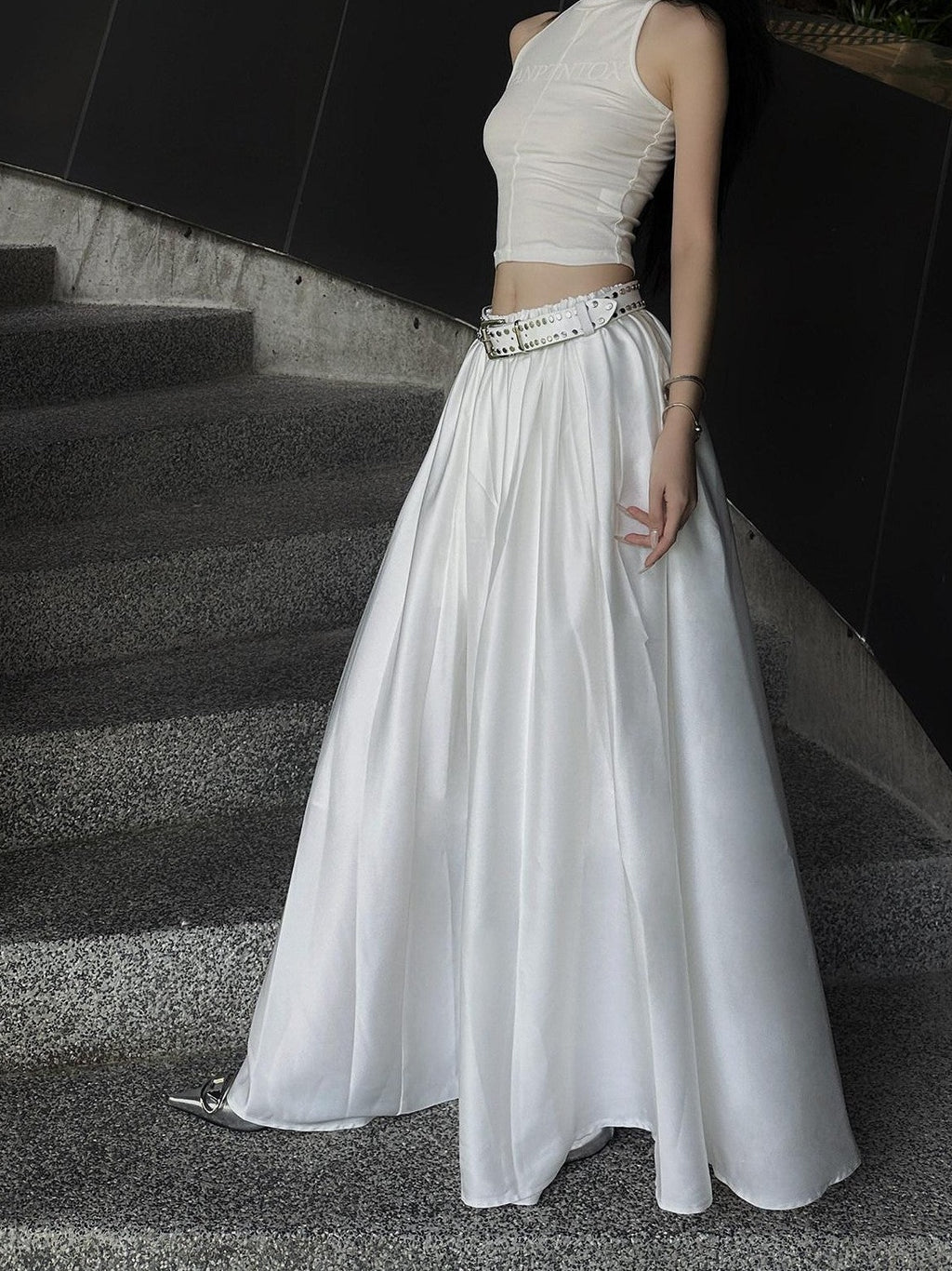 Fanptntox White Vintage Full Flare A Line Low Waist Slimming Women's Other Maxi Skirts