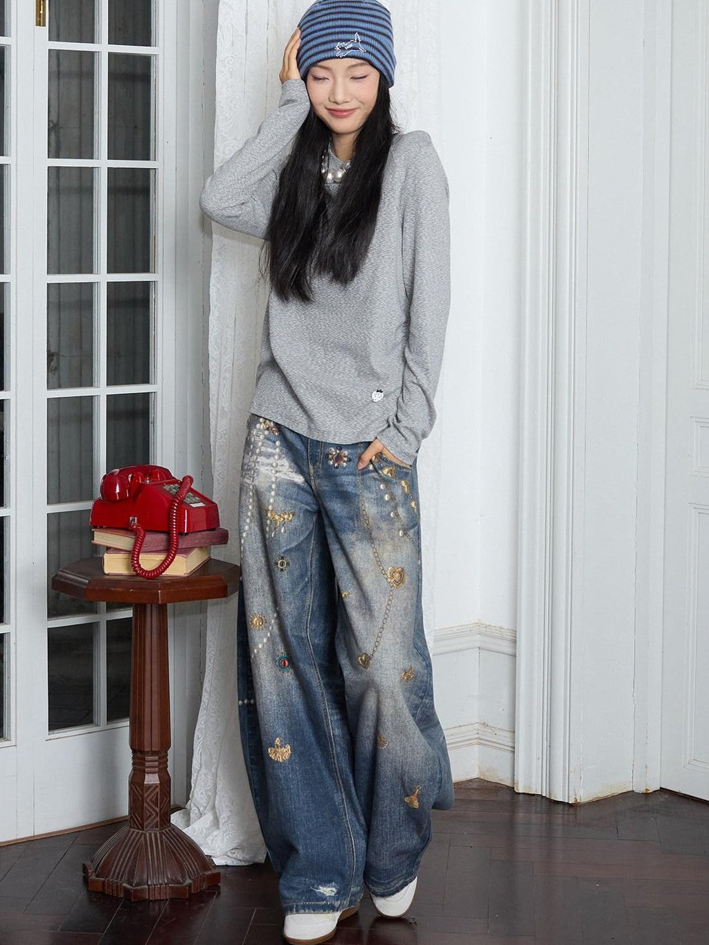 MOF Blue Loose 3d Gem Brooch Curved Blade Print Women's Denim Barrel-leg Jeans