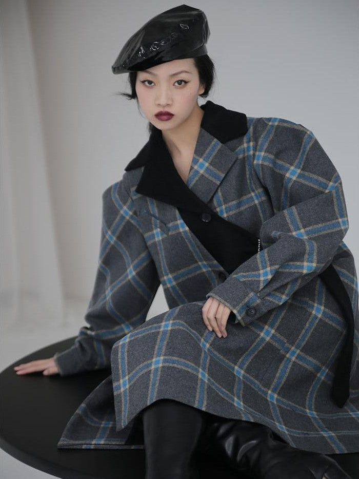Jnylon studios Deconstructed Plaid Asymmetric Color Block Women's Wool Long Straight Coat With Pockets Buttons Wool Coats