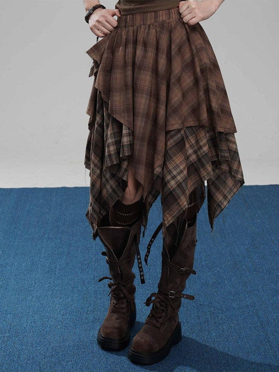 VEEMIX Coffee Plaid Asymmetrical High Waist A Line Women's Cotton Blend Midi Skirts