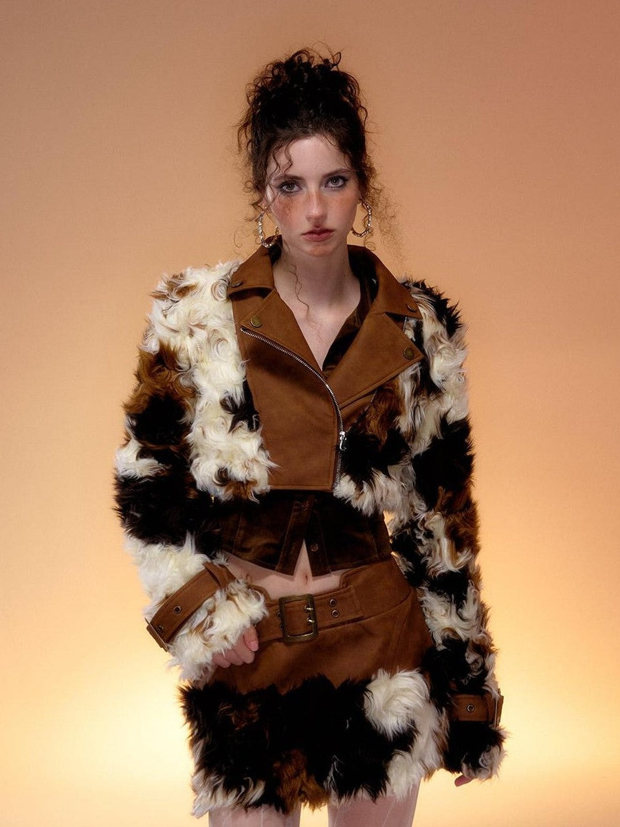 Tut tuto Brown Cow Print Plush Fur Leather Trim Women's Short Jacket Matching Skirt Sets