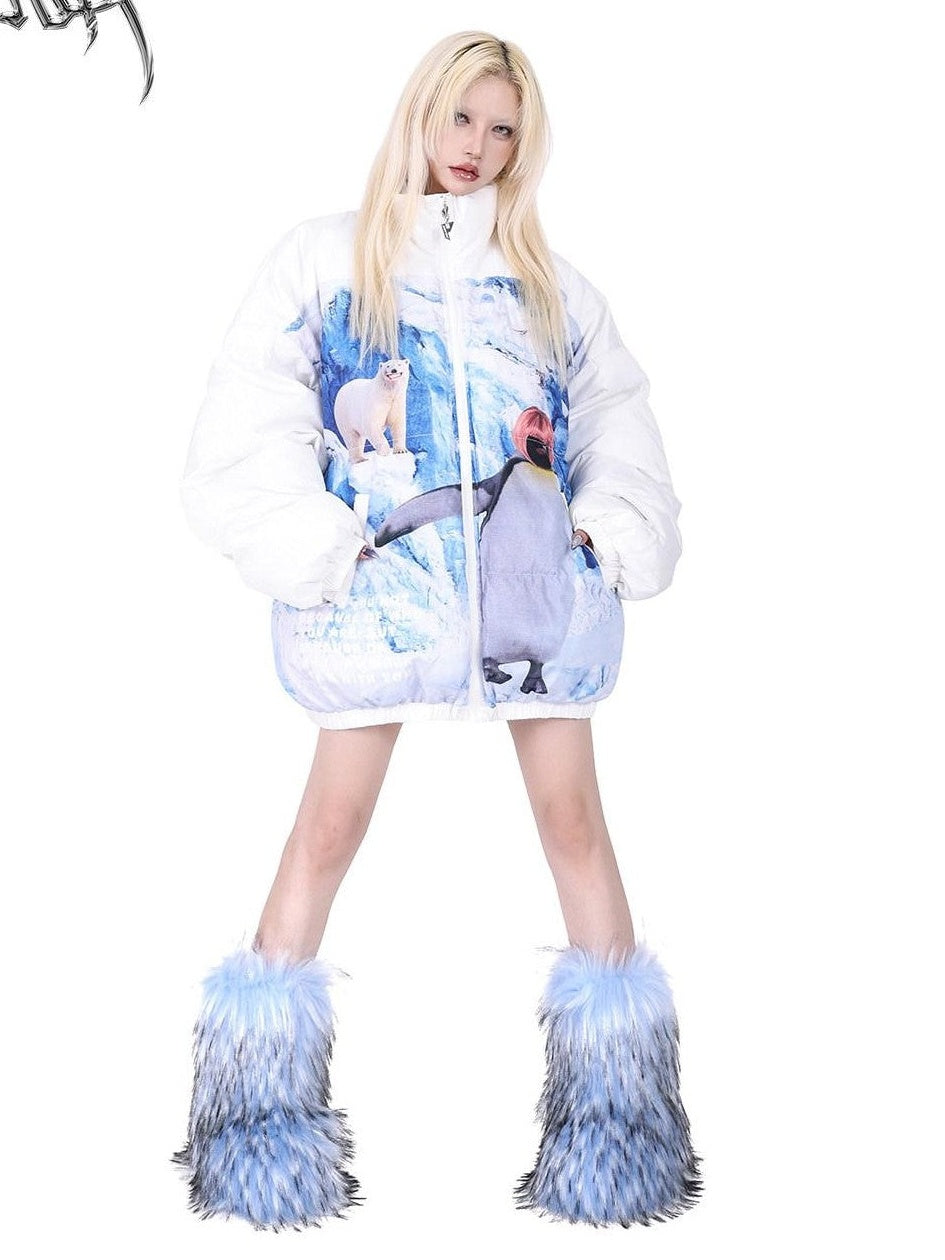 PINKSPINK Snow Mountain Polar Bear Print Stand Collar Women's Cotton Padded Puffer Jackets