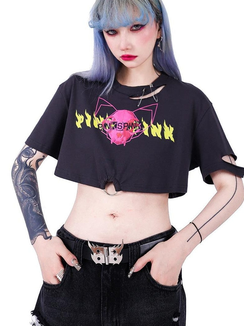 PINKSPINK Punk Distressed Asymmetric Skull Cat Print Waist Chain Women's Crop Tops