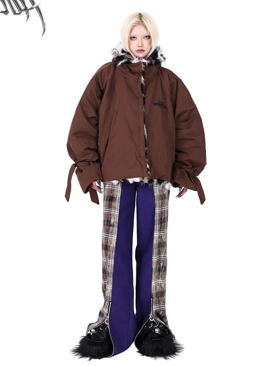 PINKSPINK Dream Purple Patchwork Zipper Plaid Asymmetric Pocket Women's Wide-leg Pants