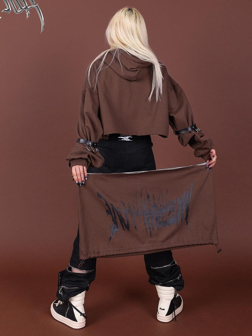 PINKSPINK Brown Embroidered Hooded Zip Convertible Women's Cotton Matching Skirt Sets