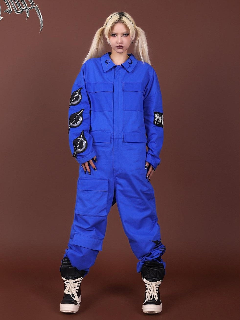 PINKSPINK Blue Patchwork Applique Embroidered Multi Pocket Women's Cotton Cargo Pants