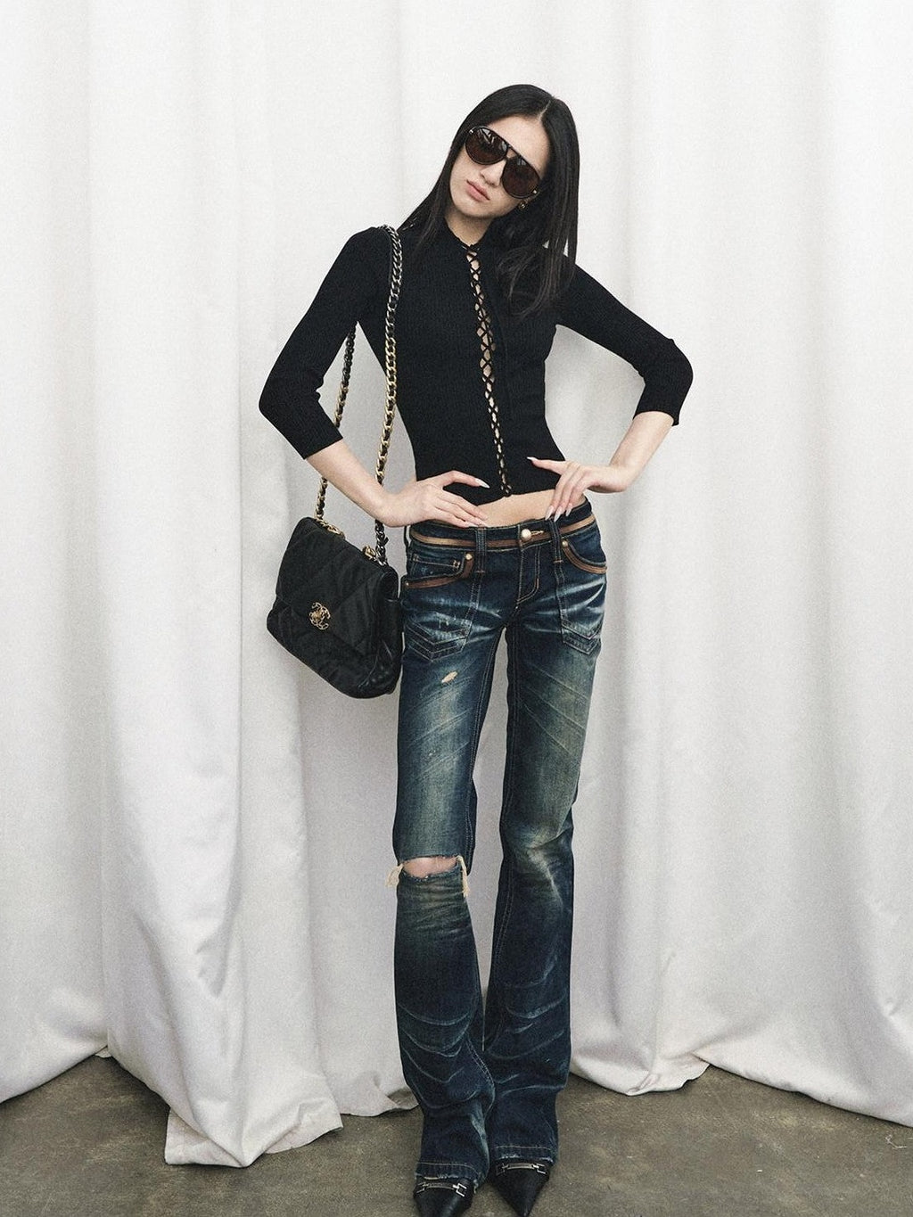 Fanptntox Black Cutout Tie Waist Ribbed Slim Women's Viscose Long Sleeve T-shirts
