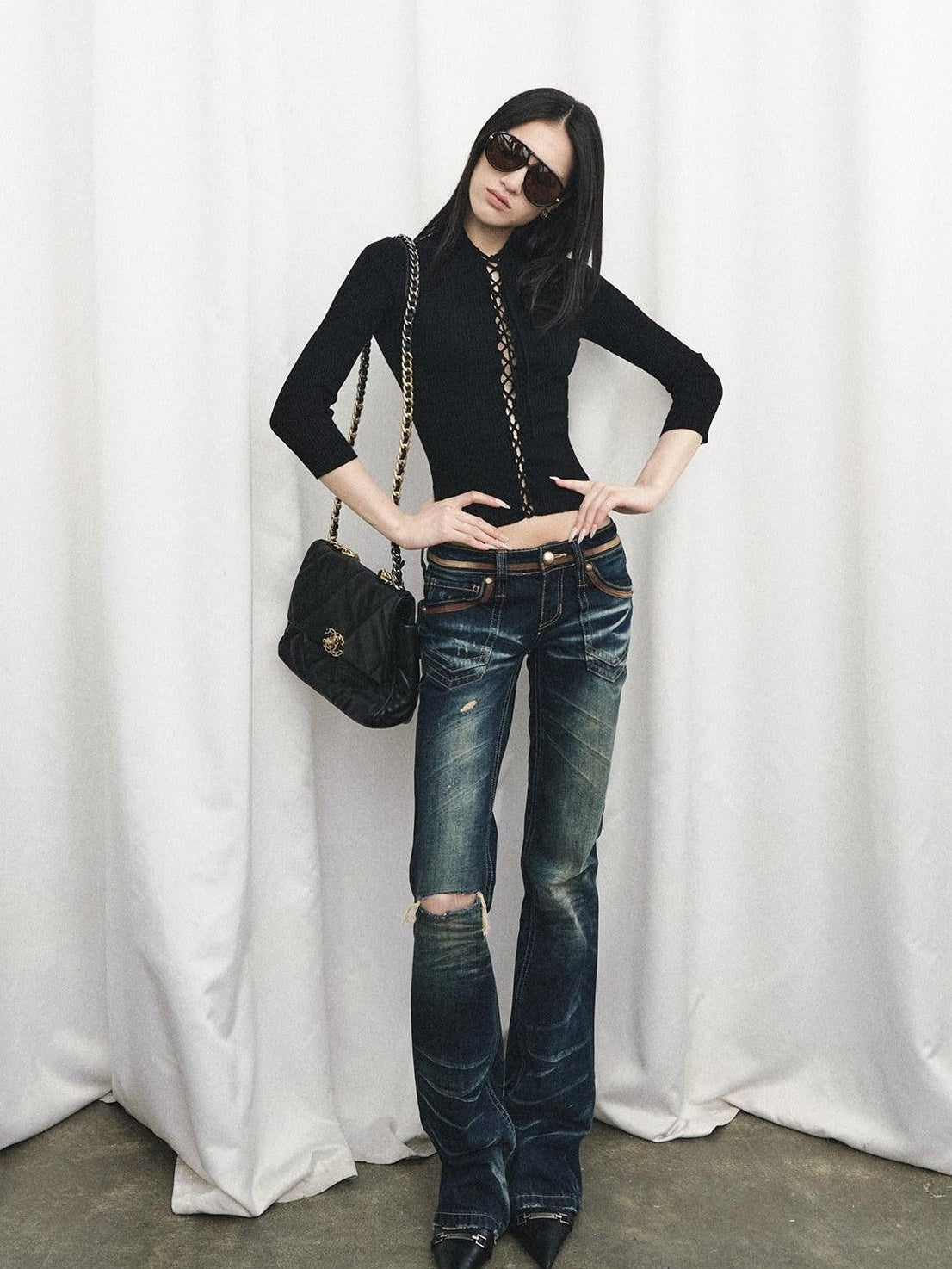 Fanptntox Black Cutout Tie Waist Ribbed Slim Women's Viscose Long Sleeve T-shirts