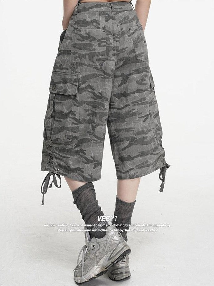 VEEMIX Cement Gray Camouflage Cargo Drawstring Pockets Women's Cropped Jeans