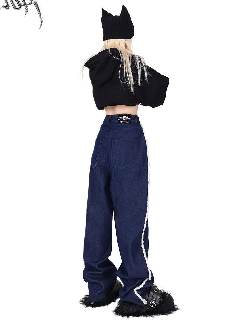 PINKSPINK Navy White Stripe Patch Fleece Lined Women's Denim Straight-leg Jeans