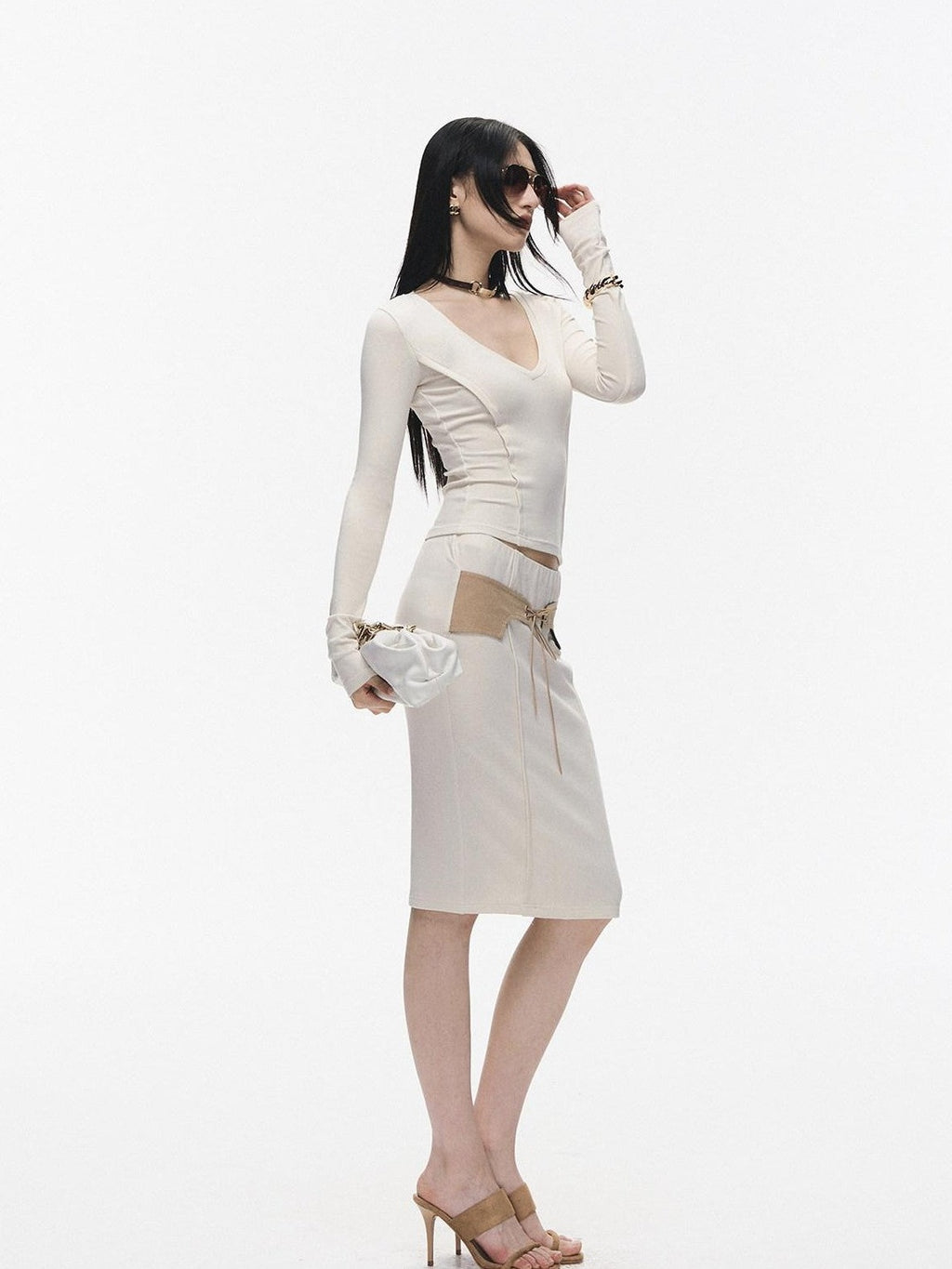 Fanptntox Slim Lowroundneck Longsleeve Women's Elastic Knit Low Waist Matching Skirt Sets