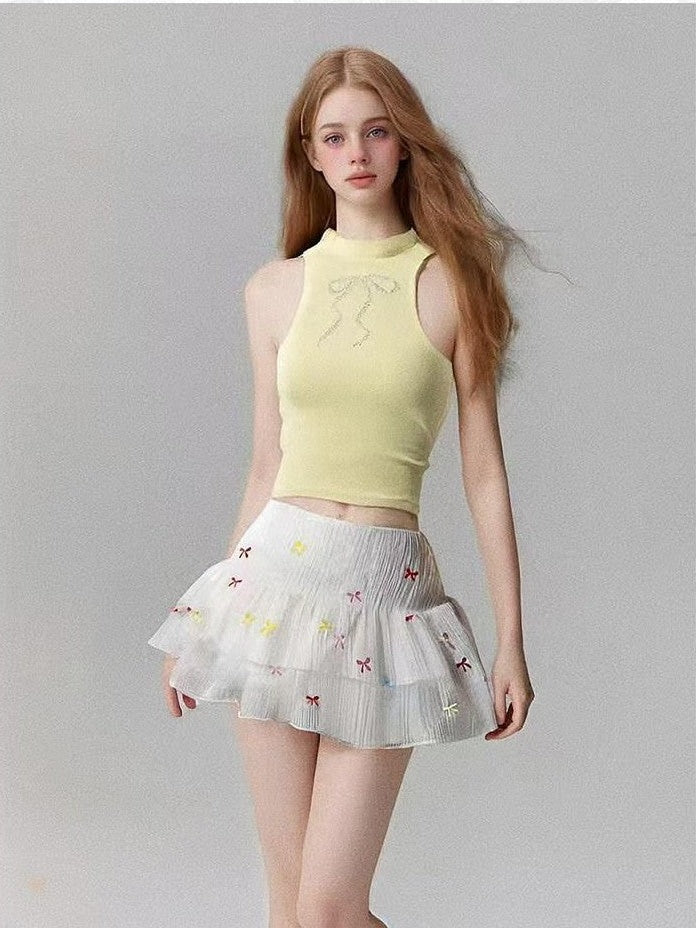 GGLOYDIUS Pleated Bow Print Cake Skirt Women's Polyester Casual Top & Skirt Sets