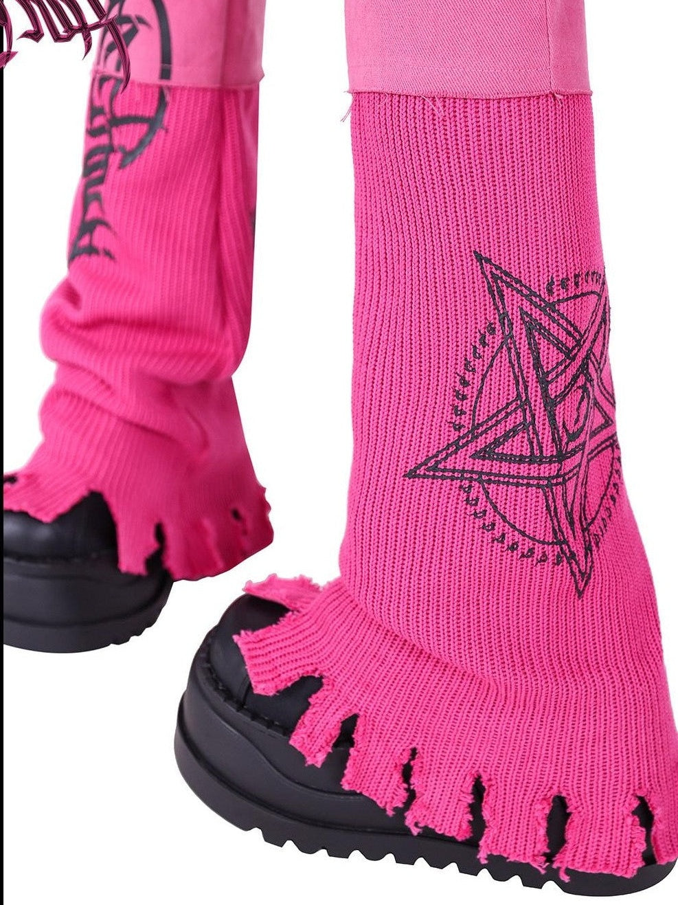 PINKSPINK Pink Embroidered Asymmetrical Distressed Pentagram Women's Cotton Flare Jeans