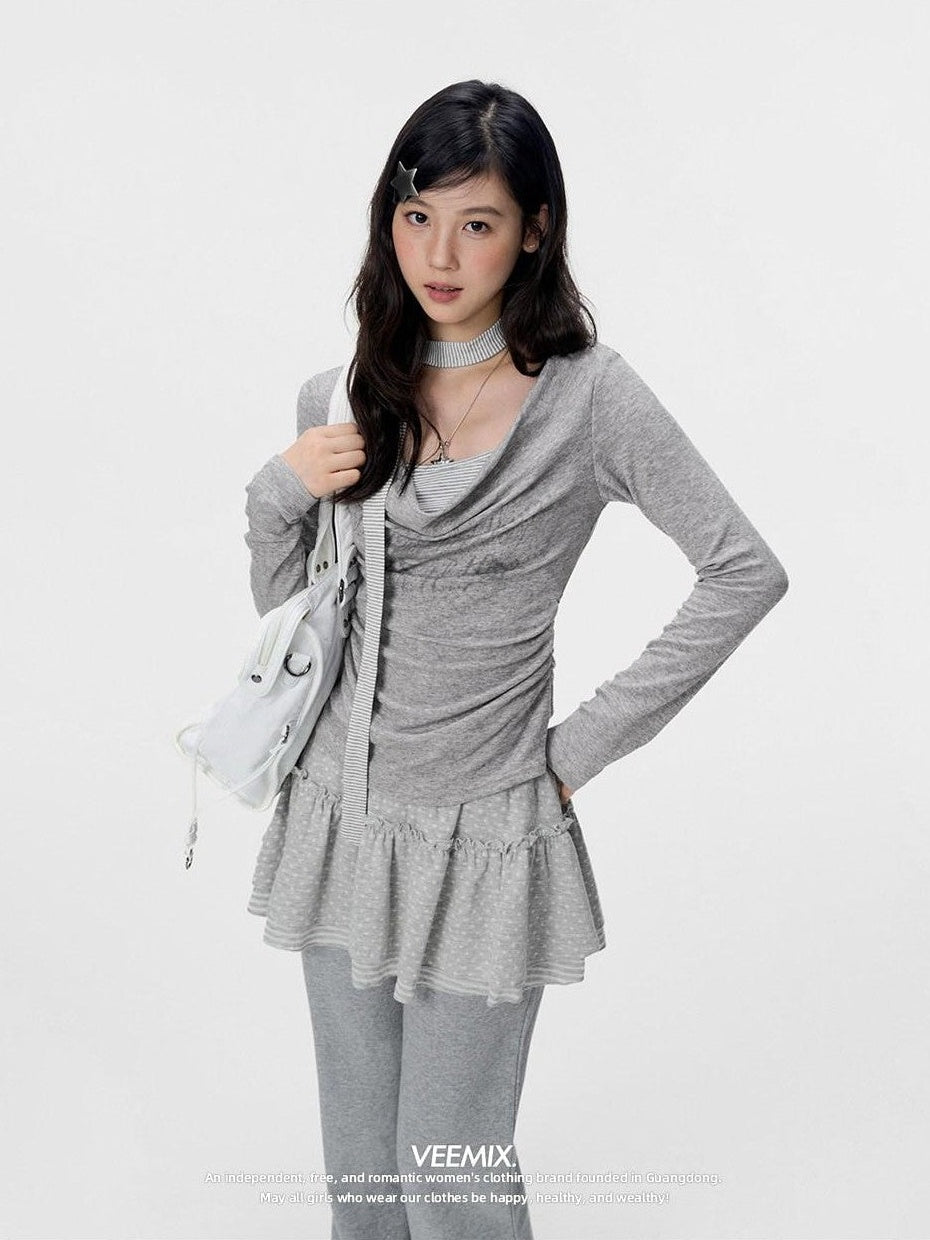 VEEMIX Gray Ruched Letter Print Faux Layered Women's Cotton Long Sleeve T-shirts