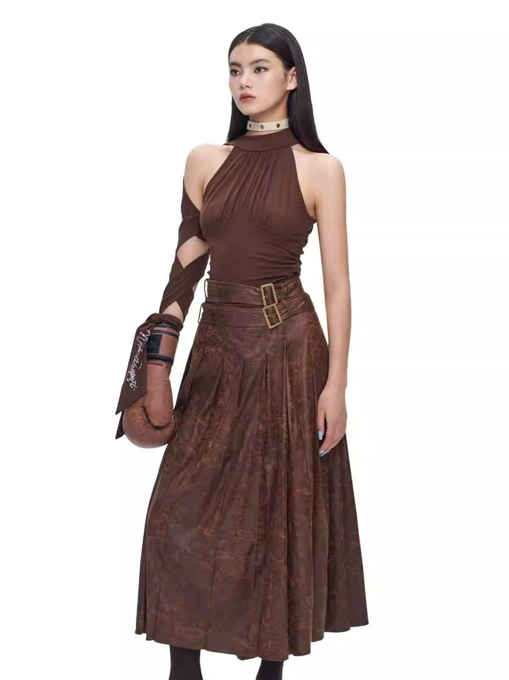 NextPassport MOF Brown Suede Pleated High Waist Women's Polyester Blend Maxi Skirts