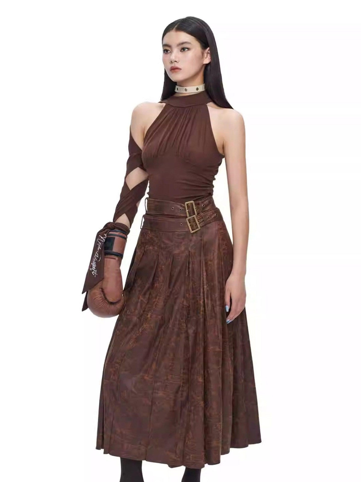 NextPassport MOF Brown Suede Pleated High Waist Women's Polyester Blend Maxi Skirts