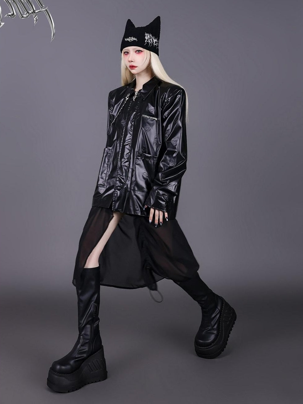 PINKSPINK Heart Embossed Metal Logo Detachable Mesh Stand Collar Women's Leather Jackets
