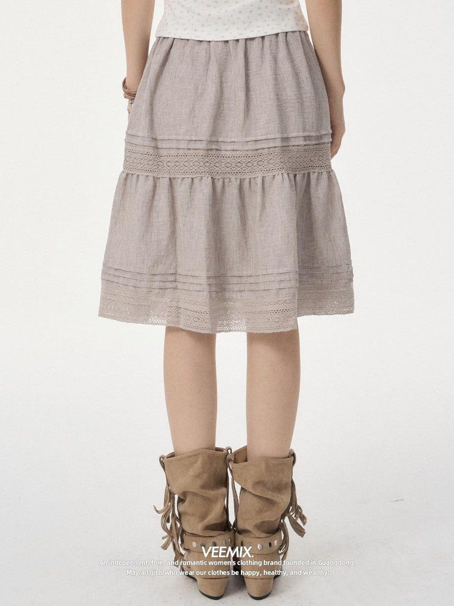 VEEMIX Linen Gray Eyelet Lace A Line High Waist Women's Viscose Blend Midi Skirts