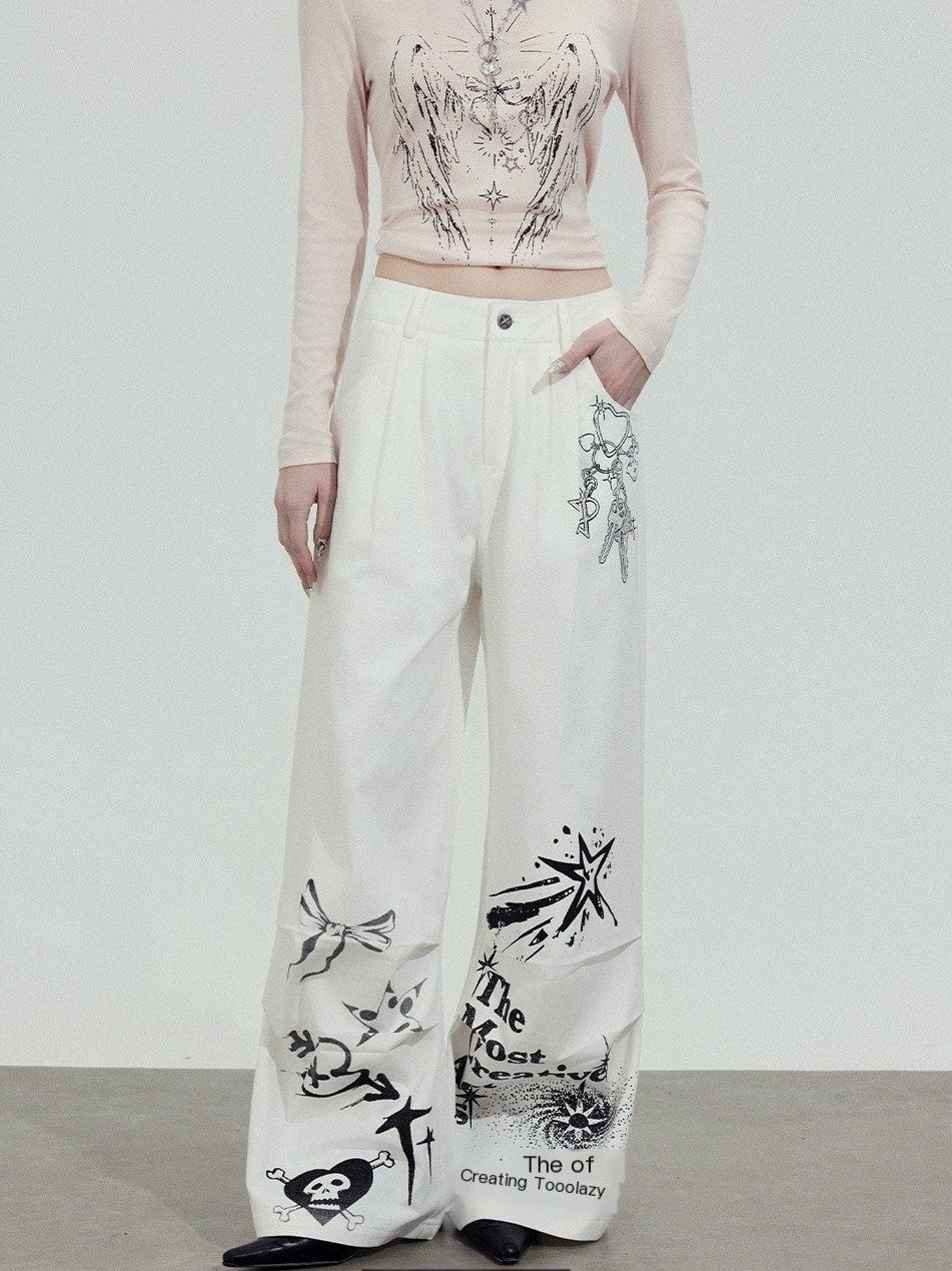 TOOOLAZY_White_Printed_Relaxed_Natural_Waist_Zip_Fly_Women's_Cotton_Straight-leg_Pants_1020736959677_MISSTT