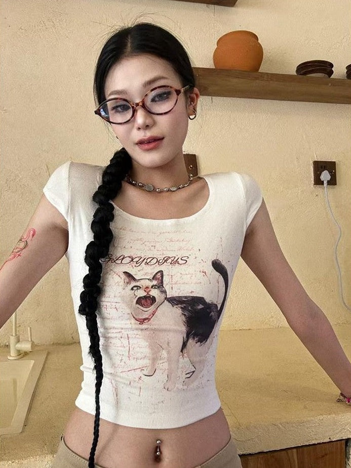 GGLOYDIUS Cute Cat Print Lace Trim Cropped U Neck Women's Cotton Casual Top & Shorts Sets