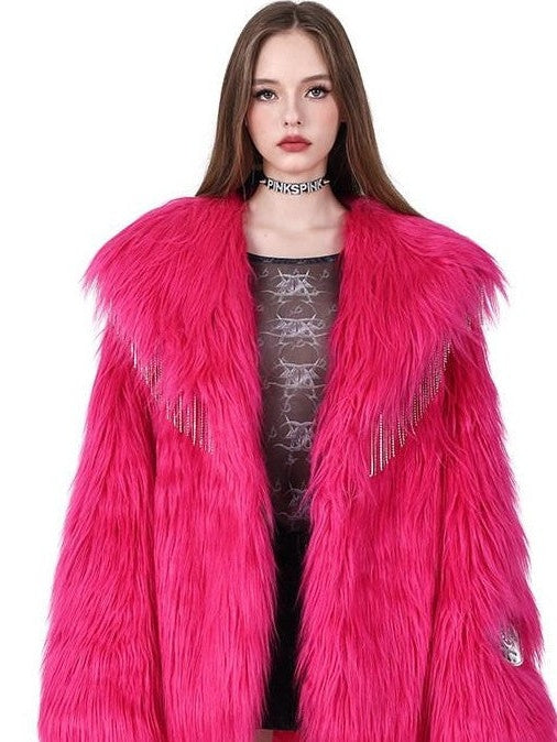 PINKSPINK Barbie Pink Rhinestone Pendant Fringe Y2k Silhouette Women's Faux Fur Coats