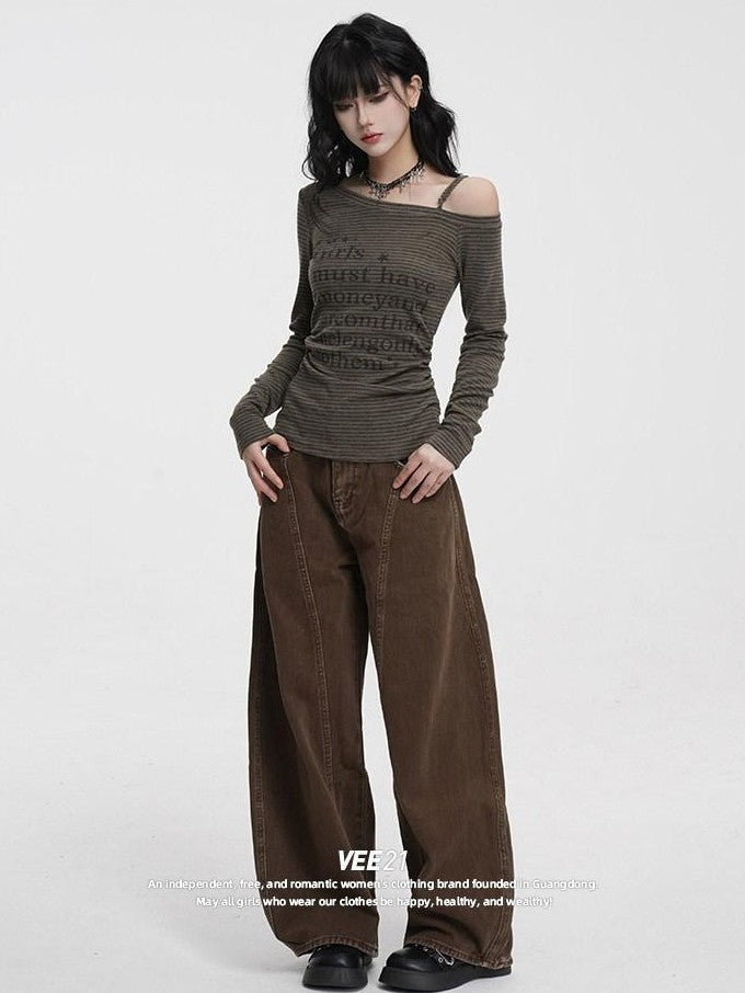 VEEMIX Striped Asymmetric Off Shoulder Printed Women's Long Sleeve T-shirts