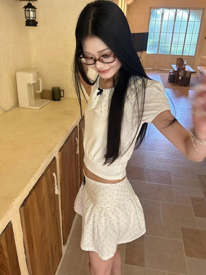 GGLOYDIUS White Doll Collar Bow Polka Dot Women's Cotton Matching Skirt Sets