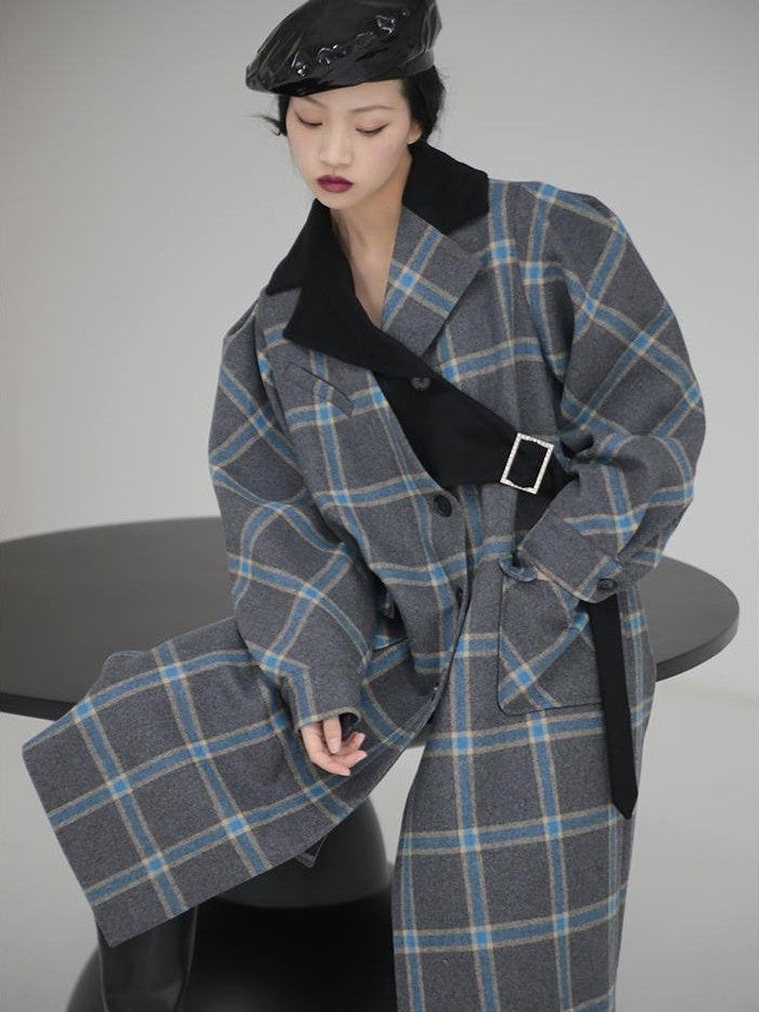 Jnylon studios Deconstructed Plaid Asymmetric Color Block Women's Wool Long Straight Coat With Pockets Buttons Wool Coats