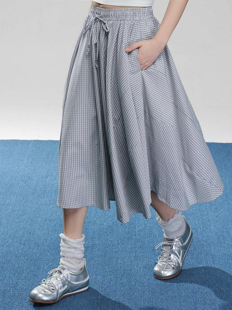 VEEMIX Fog Blue Fine Check A Line High Waist Elastic Women's Viscose Midi Skirts