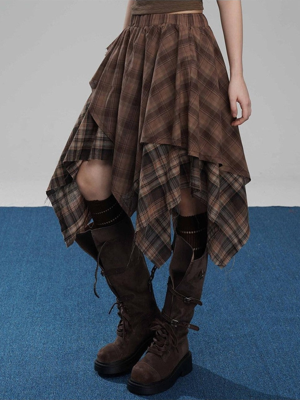 VEEMIX Coffee Plaid Asymmetrical High Waist A Line Women's Cotton Blend Midi Skirts