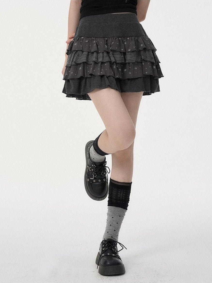 VEEMIX Black Star Print Layered Pleated Cake Women's Cotton Stretch Mini Skirts