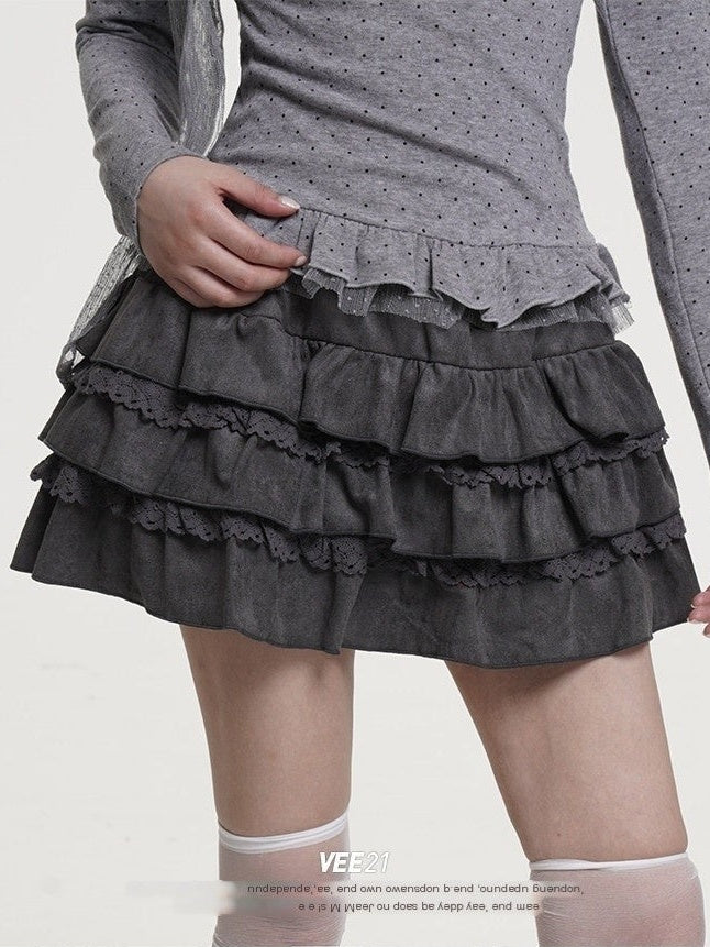 VEEMIX_Dark_Gray_Distressed_Pleated_Low_Waist_Women's_Suede_Tiered_Skirts_993240367506_MISSTT