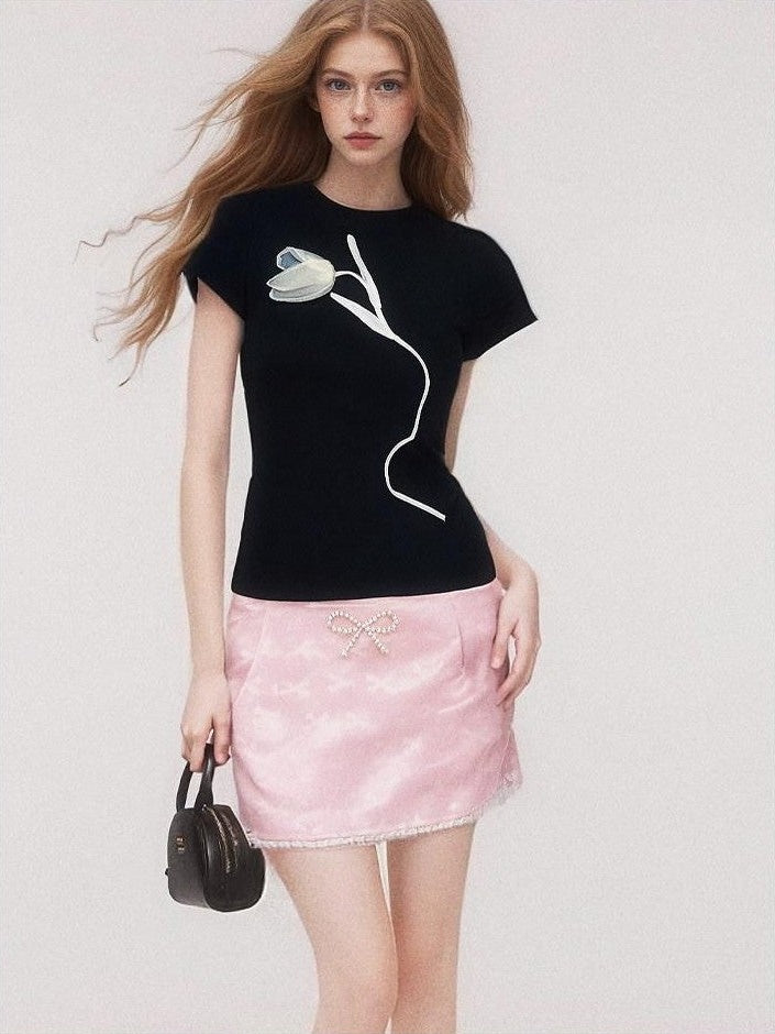 GGLOYDIUS Pink Pearl Bow Jacquard Lace Women's Polyester Bodycon Skirts