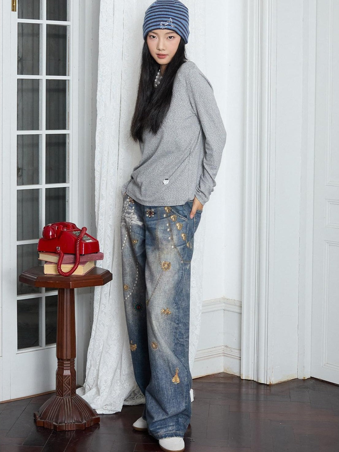 MOF Blue Loose 3d Gem Brooch Curved Blade Print Women's Denim Barrel-leg Jeans