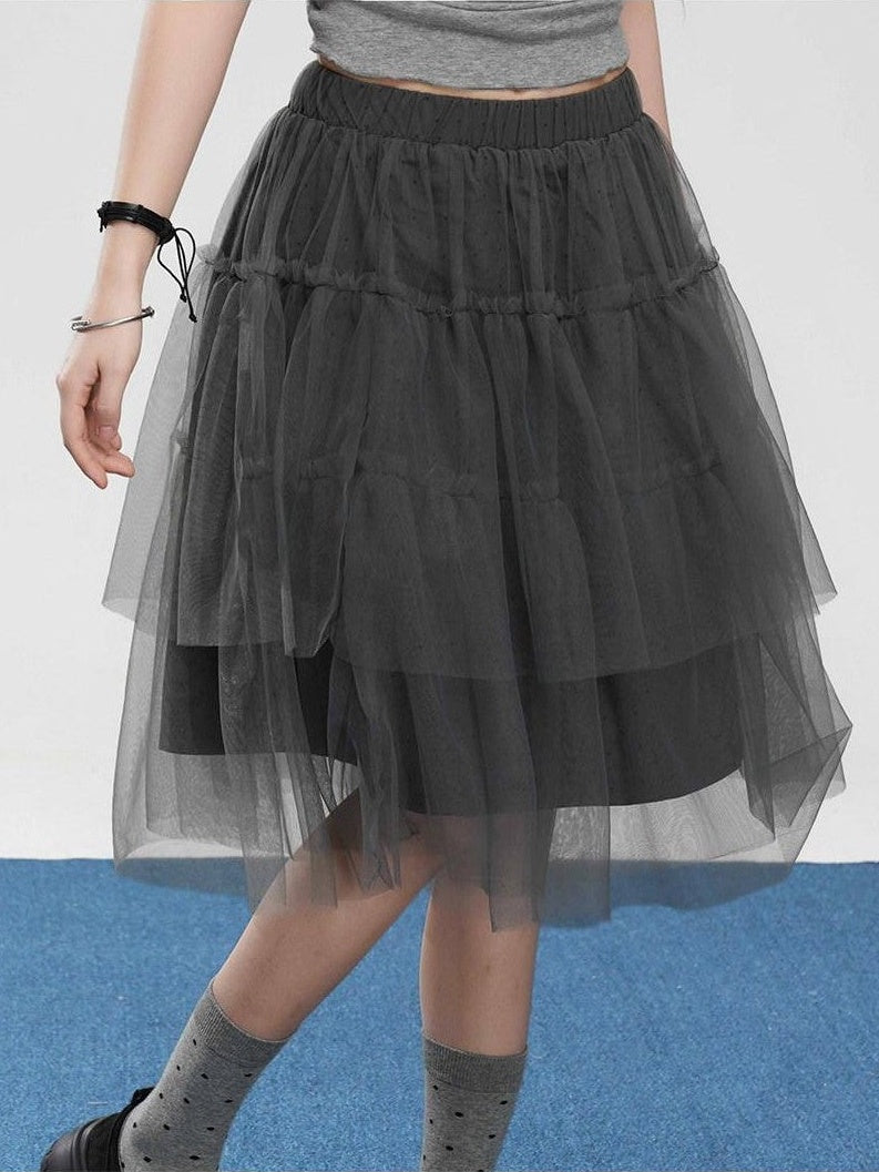 VEEMIX Girlish Ballet Polka Dot Tulle High Waist Women's Cotton Blend Midi Skirts