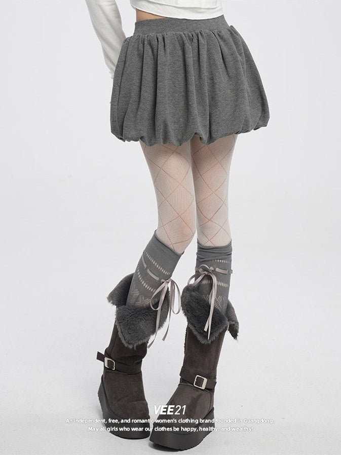VEEMIX_Grey_Brushed_Fleece_Pleated_Puffed_Women's_Polyester_Cotton_Blend_Mini_Skirts_1003303561910_MISSTT